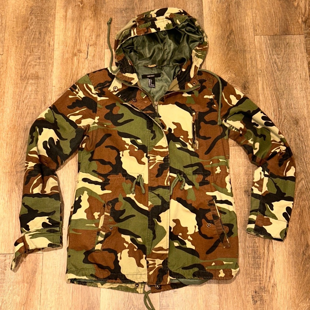 Forever 21 Womens Camo Utility Jacket Green Brown Hooded Field Coat Small